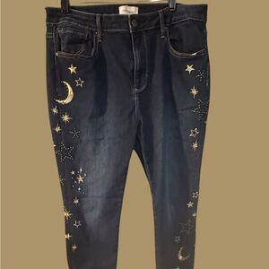 Driftwood Jackie Celestial Embroidered Star/Moon High Rise Skinny Jeans 32/34